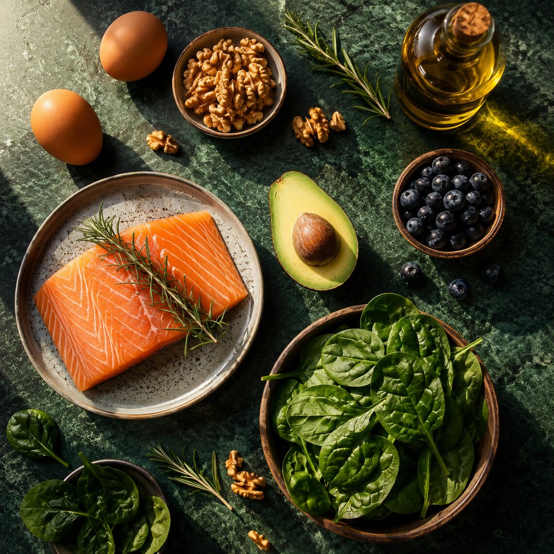 Alimentos reales sobre piedra verde: salmon, palta, huevos, nueces, espinaca, arandanos, nueces y aceite de oliva